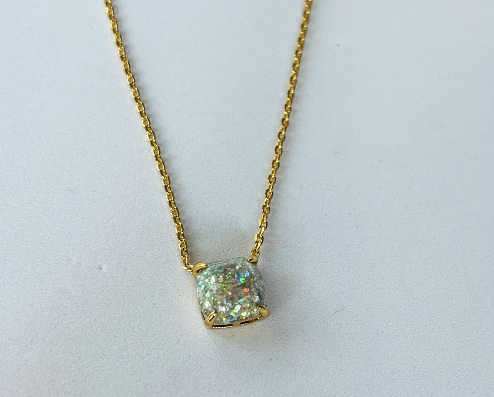 NWT Kate Spade Square Pendant Necklace Opal Glitter Gold tone with dust bag